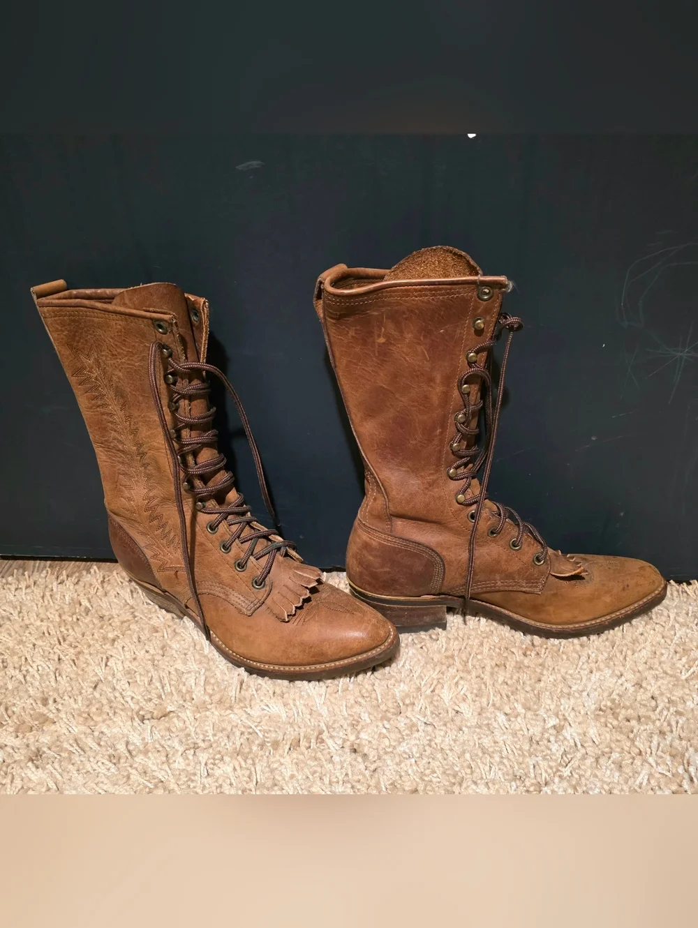 Vintage Abilene Boot Co. Brown Lace-Up Kiltie Leather Boot Prairie Boots Western - Picture 2 of 12